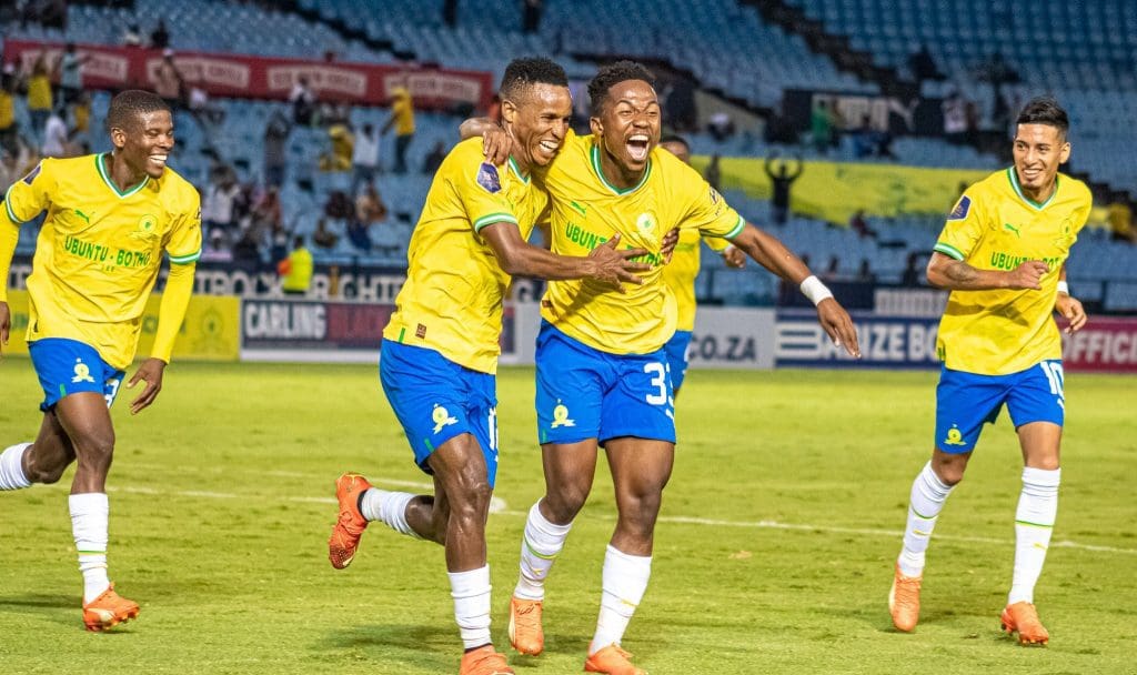 Mamelodi Sundowns players celebrating a goal scored against Swallows