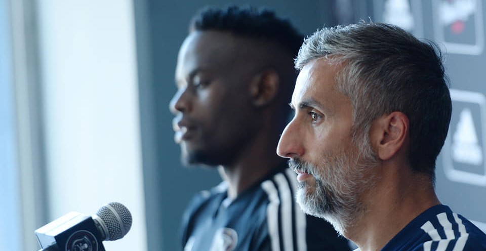 Orlando Pirates coach Jose Riveiro addressing the media alongside captain Innocent Maela