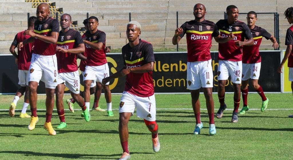 Steve Barker's Stellenbosch FC warming up for a DStv Premiership match against Cape Town City FC