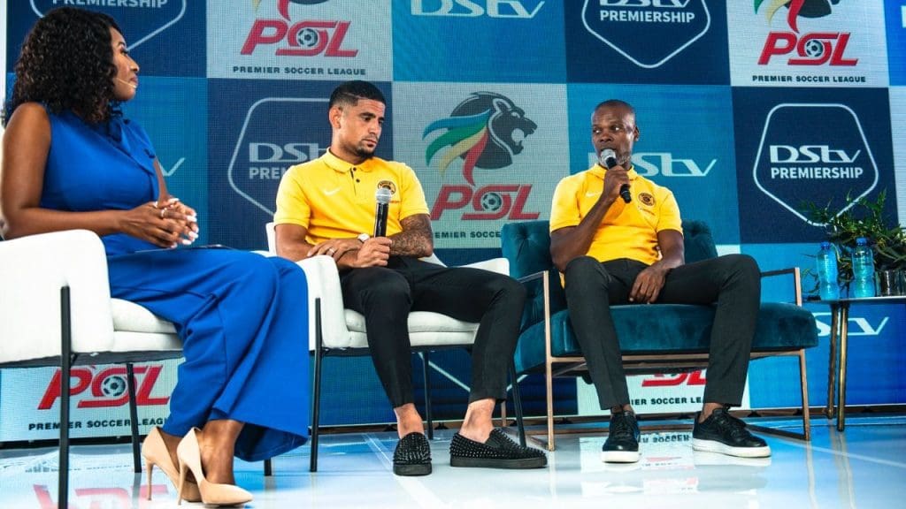 Arthur Zwane and Keagan Dolly speaking at the DStv Premiership Soweto derby presser.