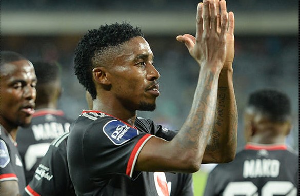 Monnapule Saleng celebrating a goal scored for Orlando Pirates