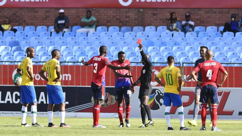 Centre-back Sandile Mthethwa shown a red card playing for Chippa United.