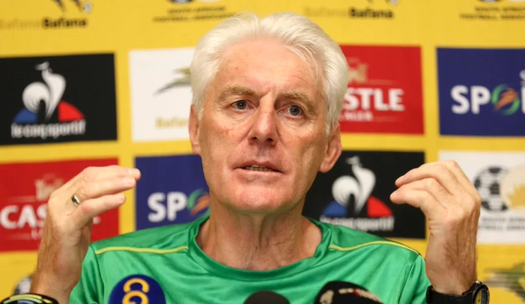 Bafana Bafana head coach Hugo Broos addressing the media