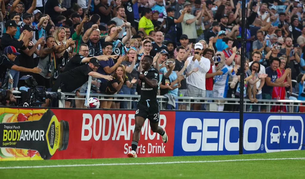 Bongokuhle Hlongwane celebrates a goal in thw Major League Soccer.