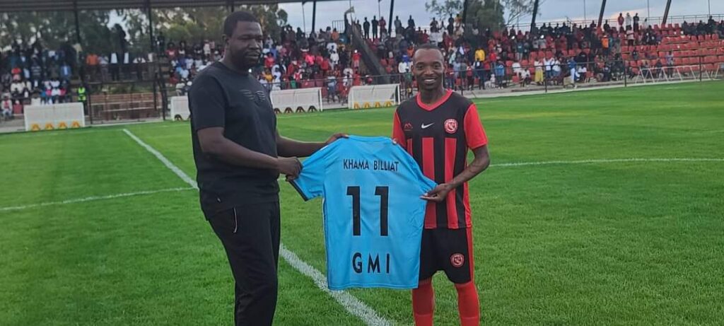 Former Kaizer Chiefs star Khama Billiat with Yadah FC owner Walter Magaya during his unveiling