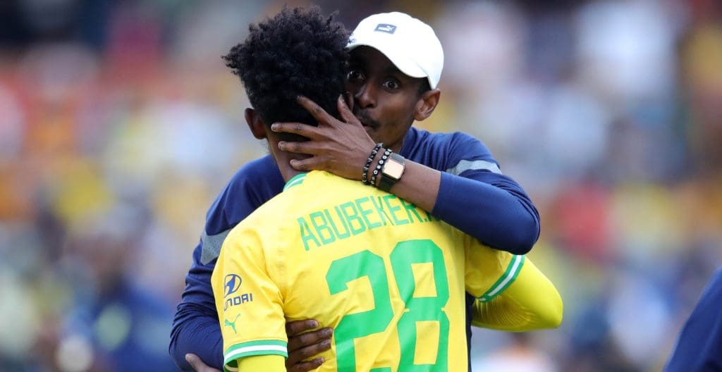 Rulani Mokwena celebrating with Abubeker Nasir