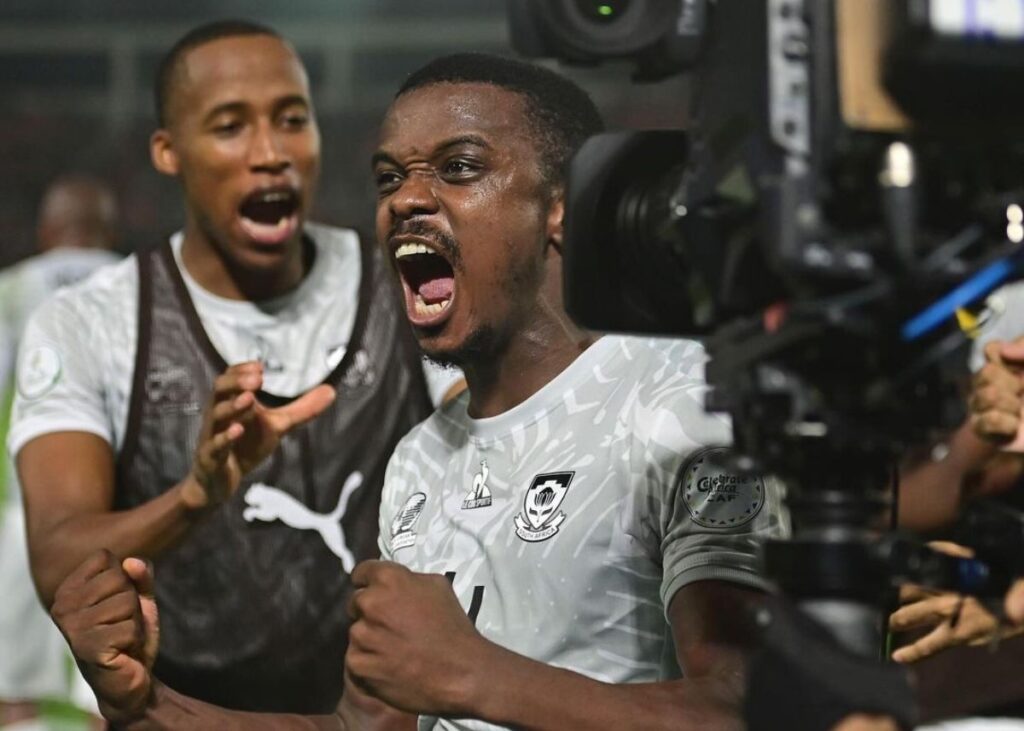 Teboho Mokoena of Bafana Bafana celebrating a goal scored for Hugo Broos