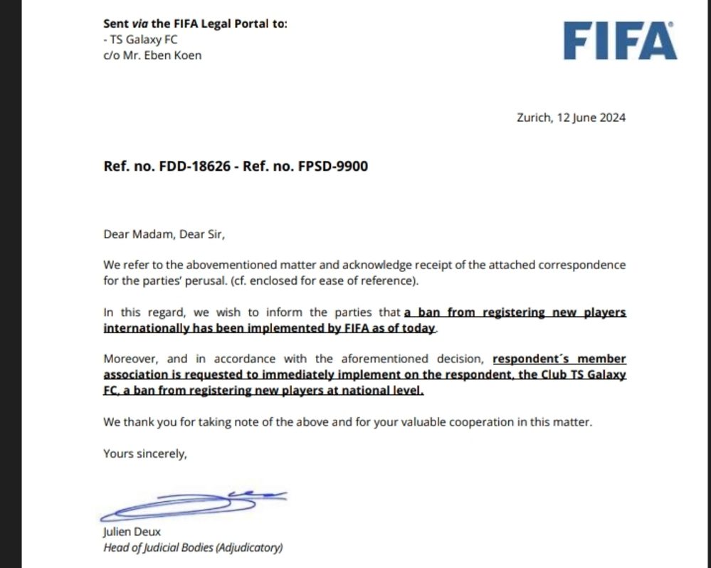 Dark clouds are looming over TS Galaxy FC as the DStv Premiership side has been hit with a hammer blow by FIFA in the form of a transfer ban.