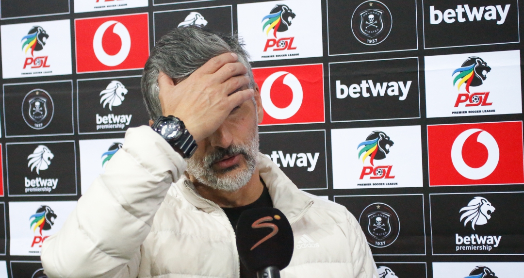 Orlando Pirates head coach Jose Riveiro during a post-match interview