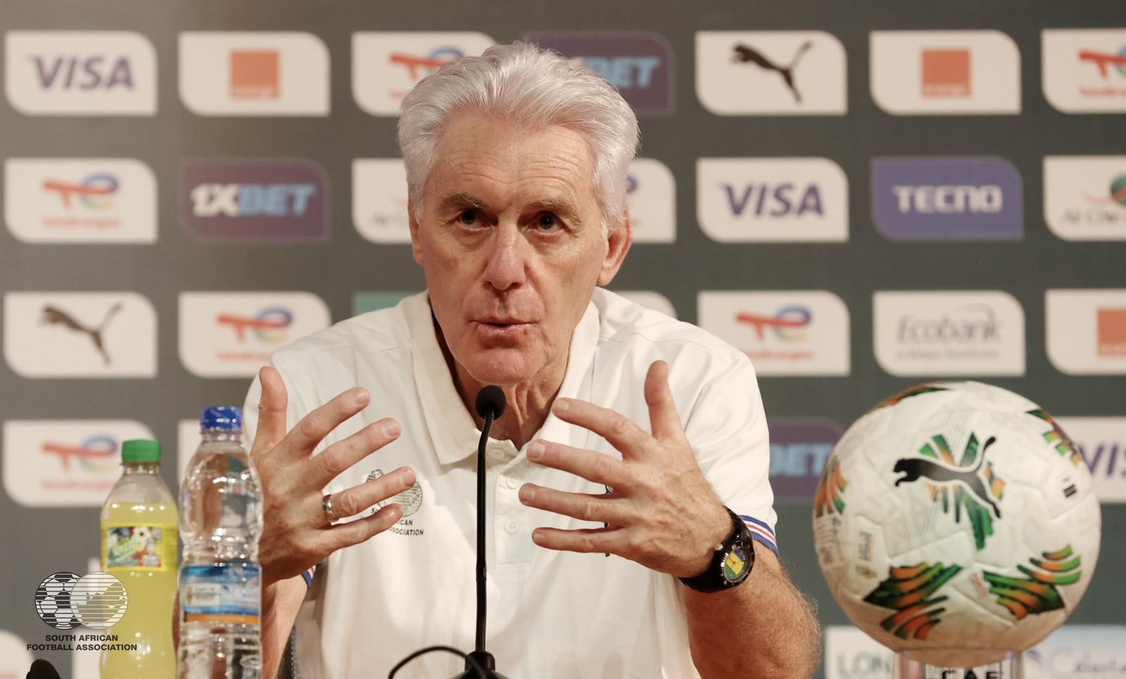 Bafana Bafana coach Hugo Broos speaking during the presser