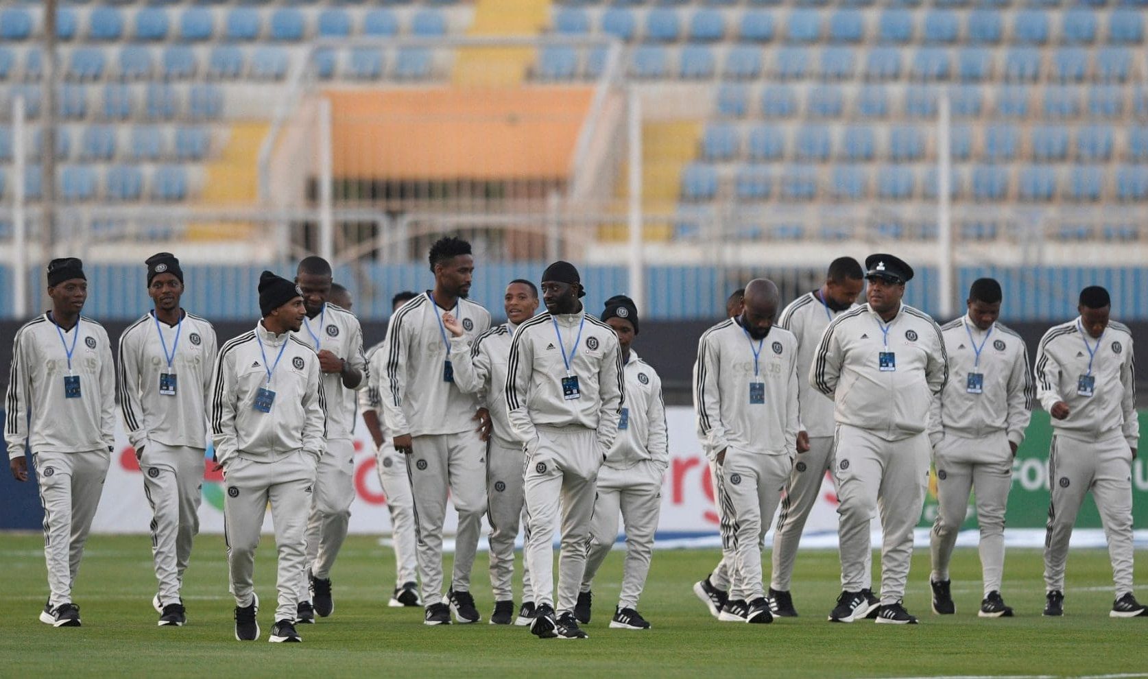 Orlando Pirates players during a pitch inspection