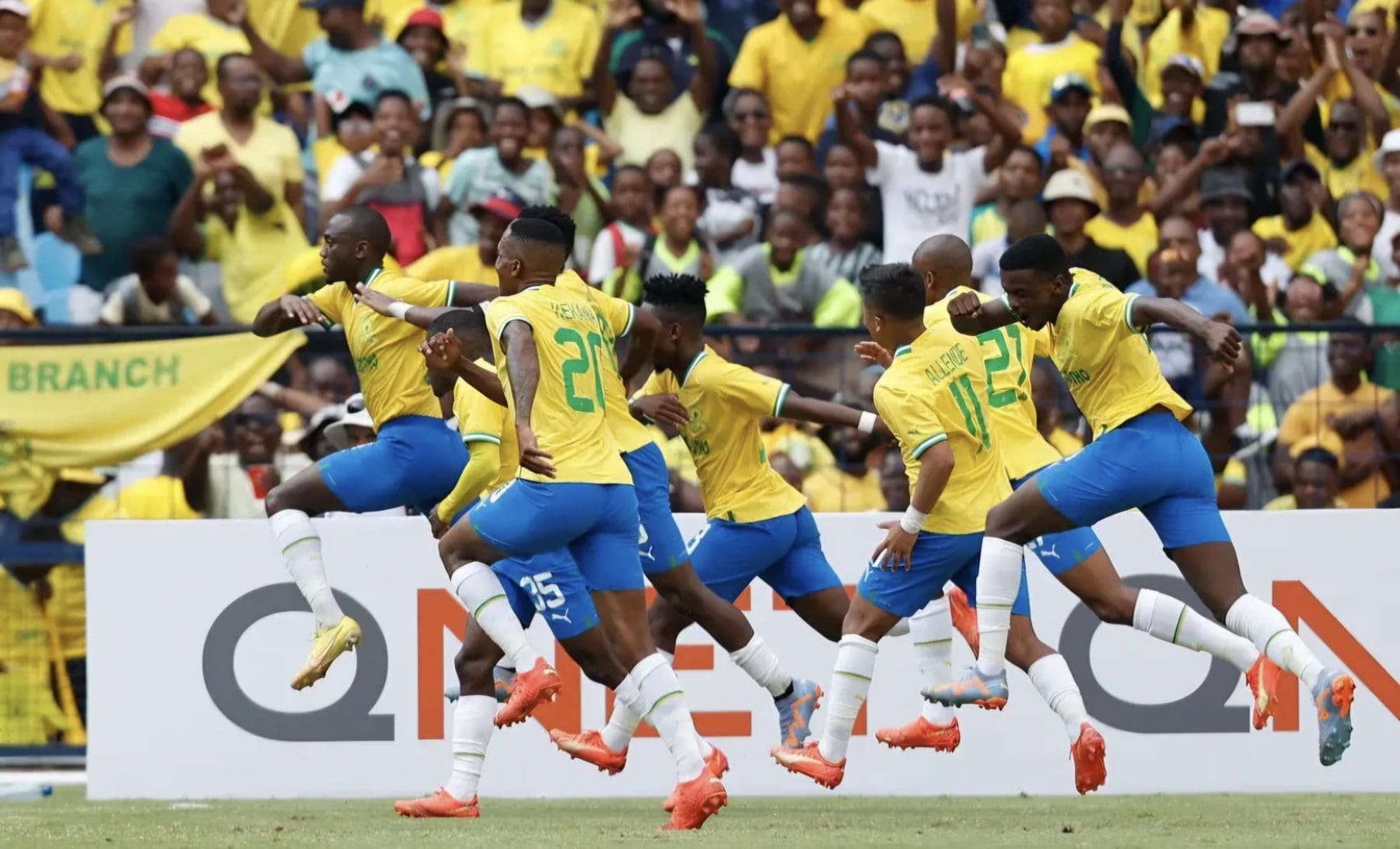 Mamelodi Sundowns striker Peter Shalulile celebrates alongside his teammates