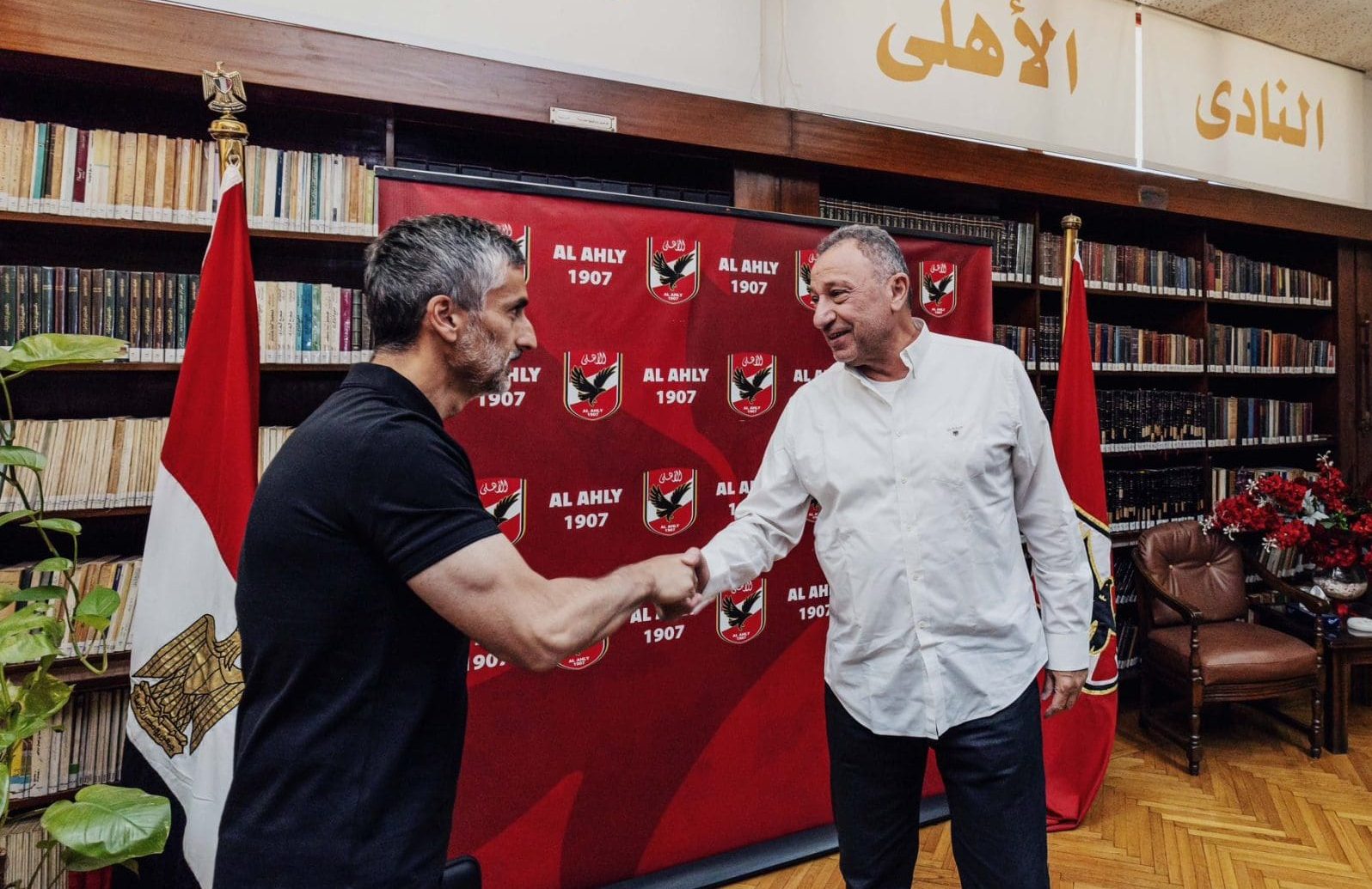 Club president Mahmoud El Khatib and Jose Riveiro on a tour at Al Ahly