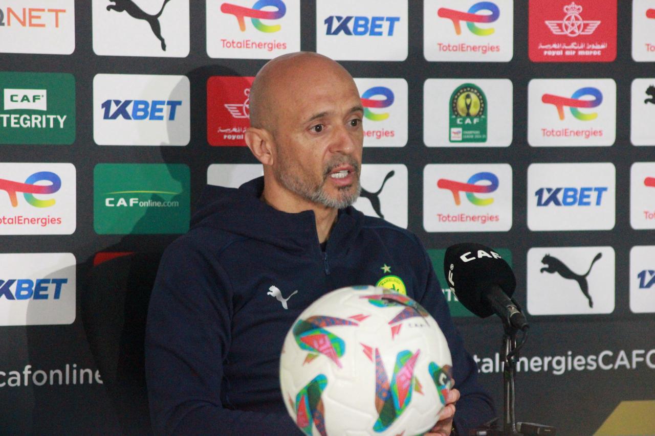 Mamelodi Sundowns coach Miguel Cardoso speaking to journalists ahead of the CAF Champions League final against Pyramids.