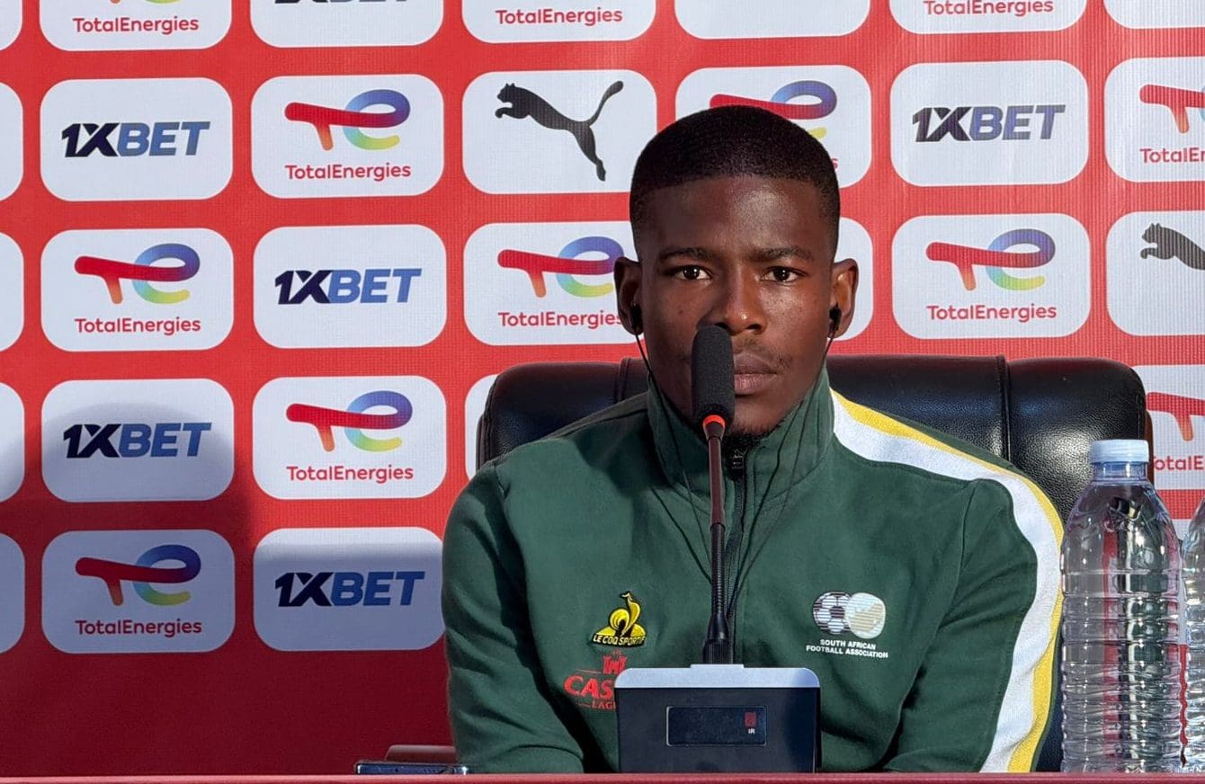 Bafana Bafana CHAN captain Neo Maema addressing the media