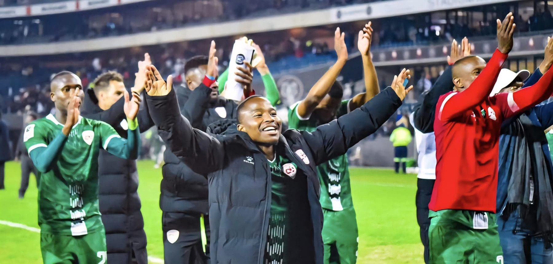 Keletso Makgalwa celebrating with his Sekhukhune United teammates at Peter Mokaba Stadium