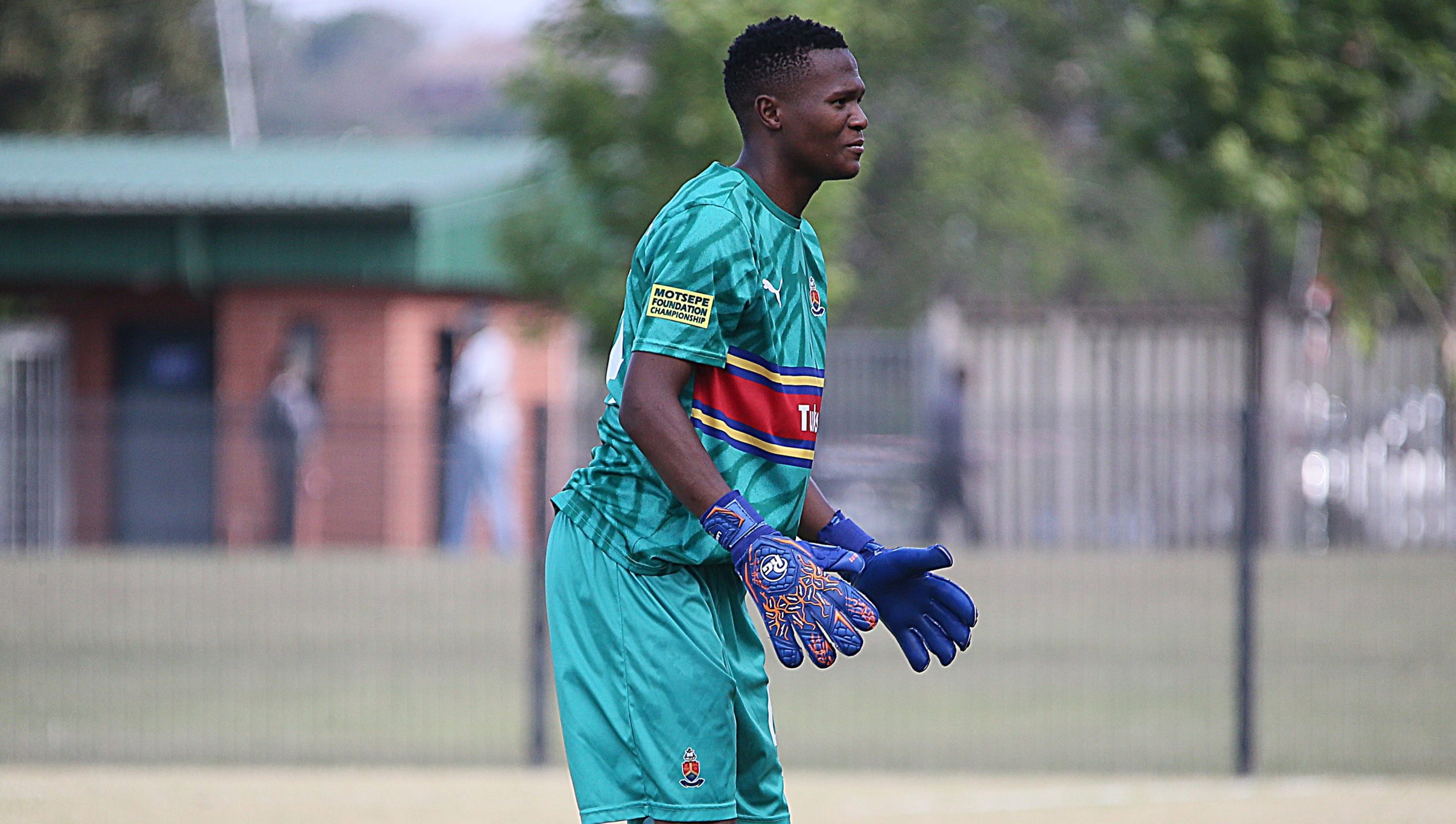 AmaTuks defender Sbongakonke Mgwaba in goals during a League match