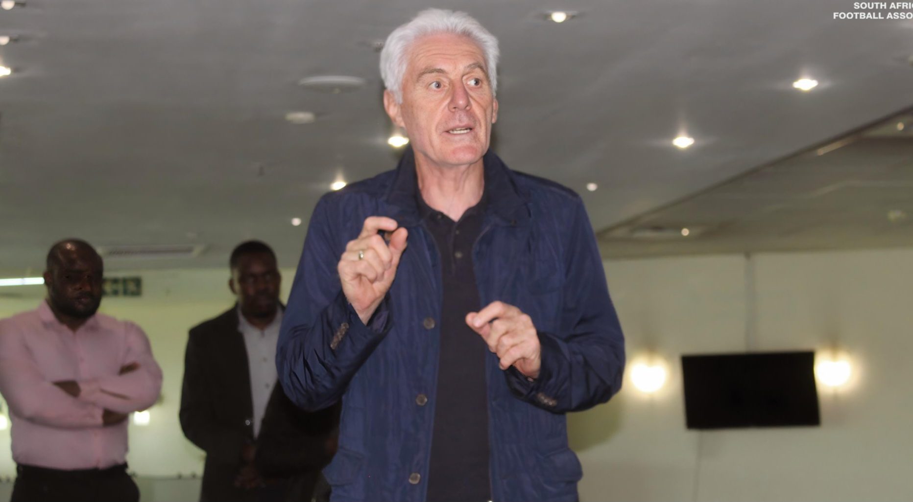 Bafana Bafana coach Hugo Broos addressing an event