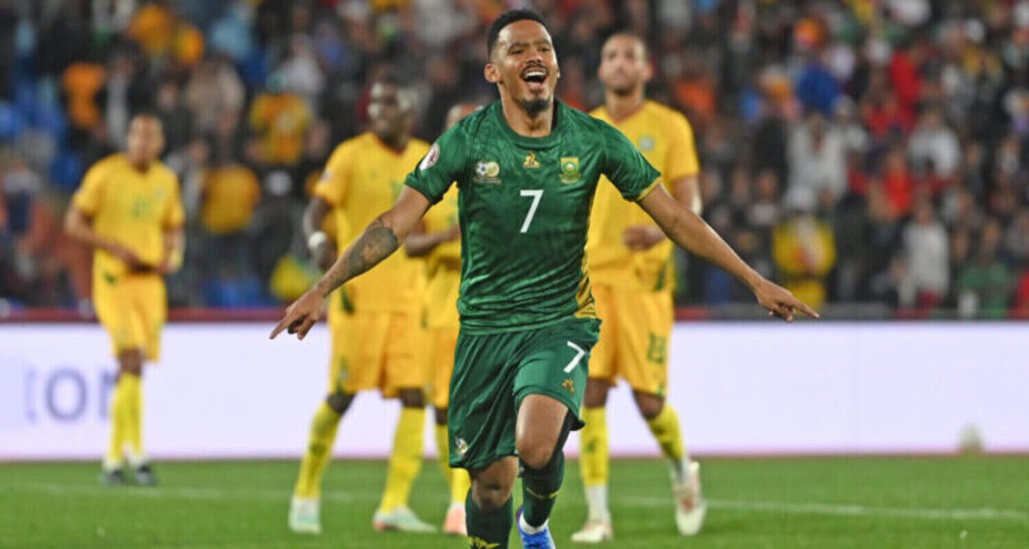 Oswin Appollis celebrating after scoring for Bafana Bafana