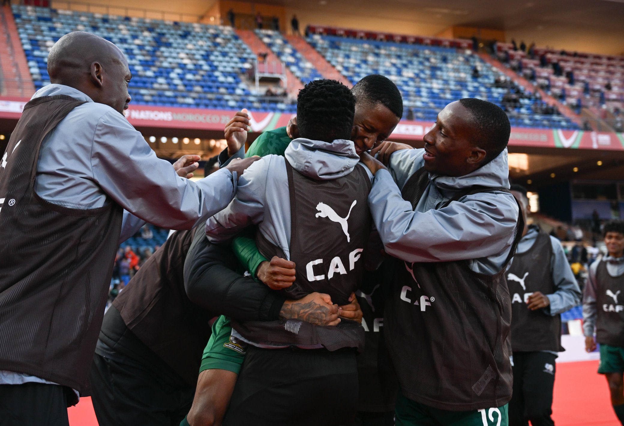 Bafana Bafana celebrating a goal at 2025 AFCON