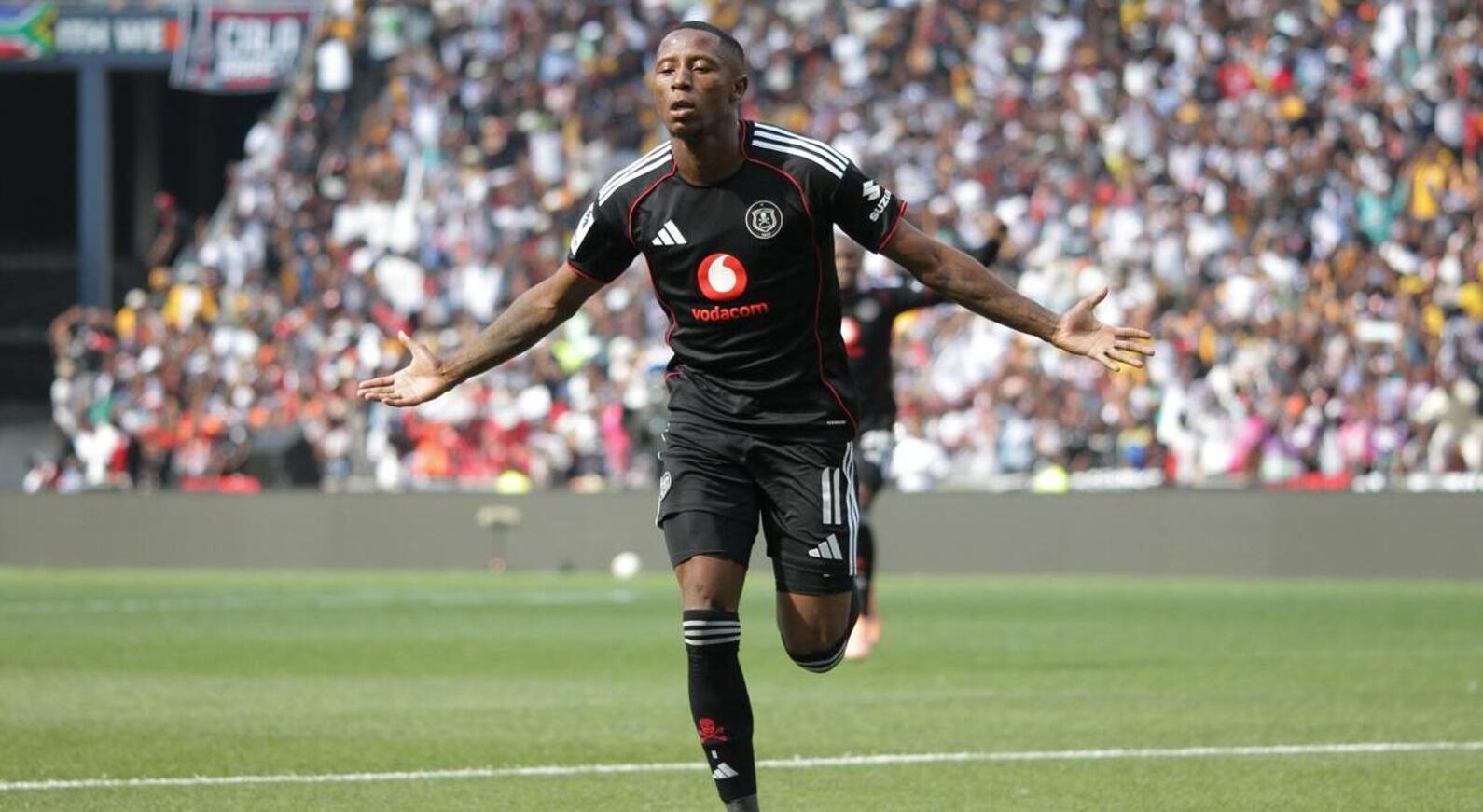 Tshepang Moremi celebrates scoring for Orlando Pirates against Kaizer Chiefs