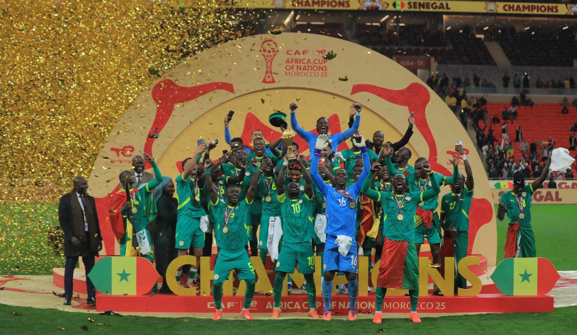 The Senegal national team lifting the 2025 AFCON title after beating Morocco.
