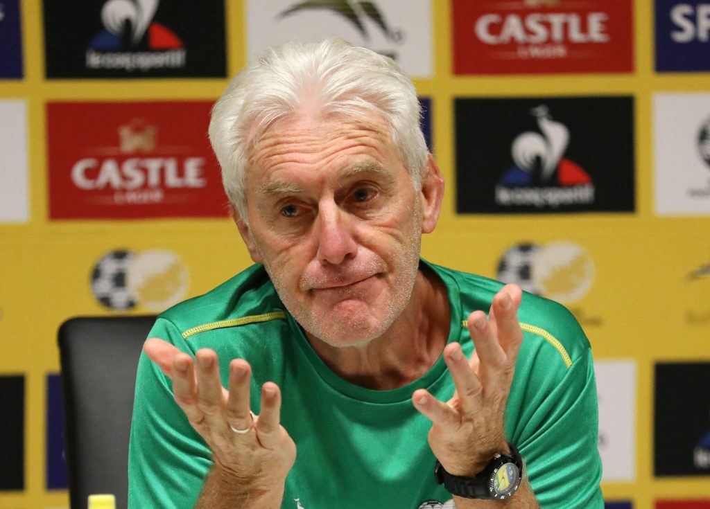 Bafana coach Broos addressing the media during a press conference.