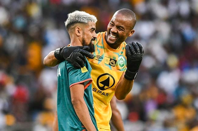 Veli Mothwa celebrates with teammate Abbubaker Mobara after progressing to the MTN8 final