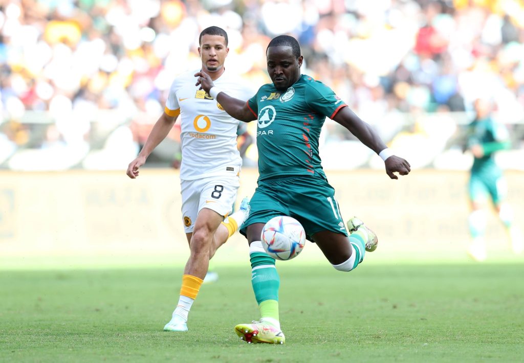 Gabadihno Mhango of AmaZulu challenged by Yusuf Maart of Kaizer Chiefs during the 2022 MTN8 semifinals 2nd leg match at Moses Mabhida Stadium, in Durban on the 23 October 2022. Picture courtesy of AmaZulu. 