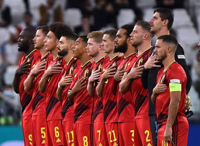 Belgium national team lining up for the national anthem
