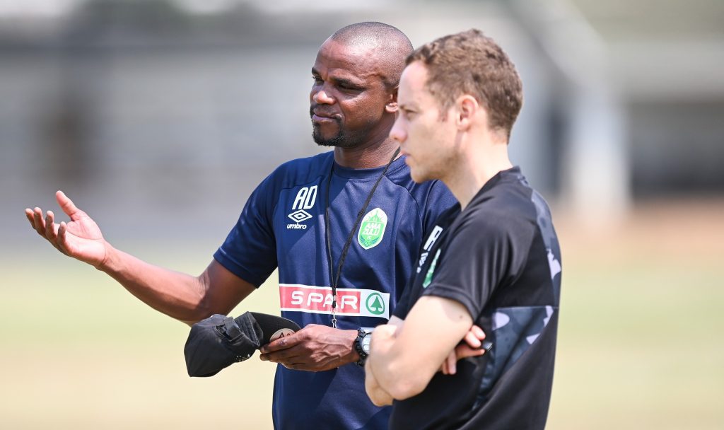 Romain Folz, the head coach and Ayanda Dlamini, the assistant coach, during AmaZulu training session held at Kings Park in Durban on 12 October. Picture courtesy of AmaZulu. 