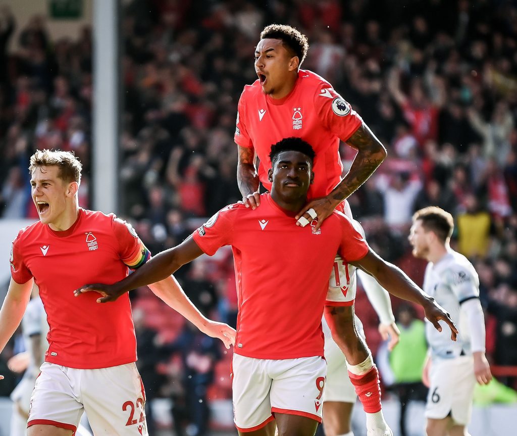 Taiwo Awoniyi celebrating the lone goal he scored against Liverpool, a club he spent  seven years at but never made an appearance.