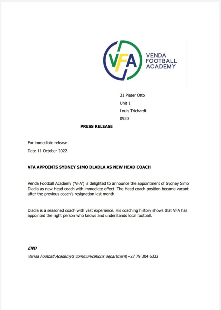 Venda Football Academy have appointed Simo Dladla as their new coach