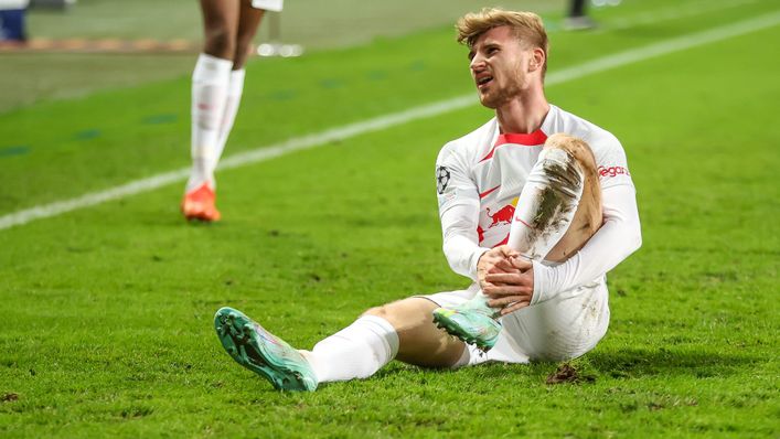 Werner holding his ankle during a UEFA Champions League clash between RB Leipzig and Shakhtar Donetsk on Wednesday.