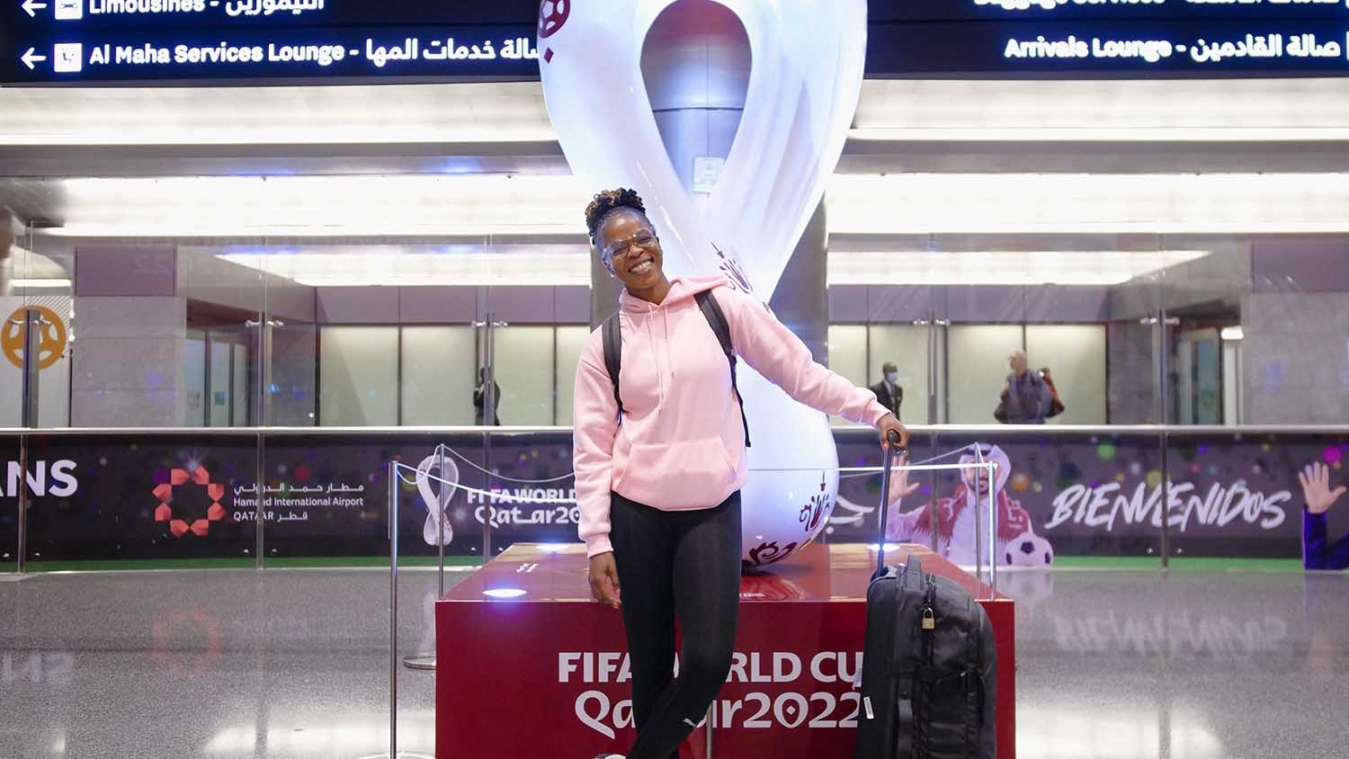 Mamelodi Sundowns Ladies frontwoman Andisiwe Mgcoy on her arrival in Qatar airport.
