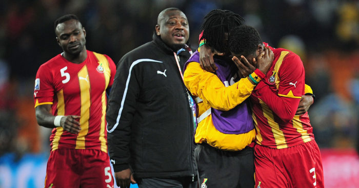 Former Ghana captain Asamoah Gyan in tears after losing to Uruguay on penalties in the 2010 FIFA World Cup quarterfinals in South Africa 