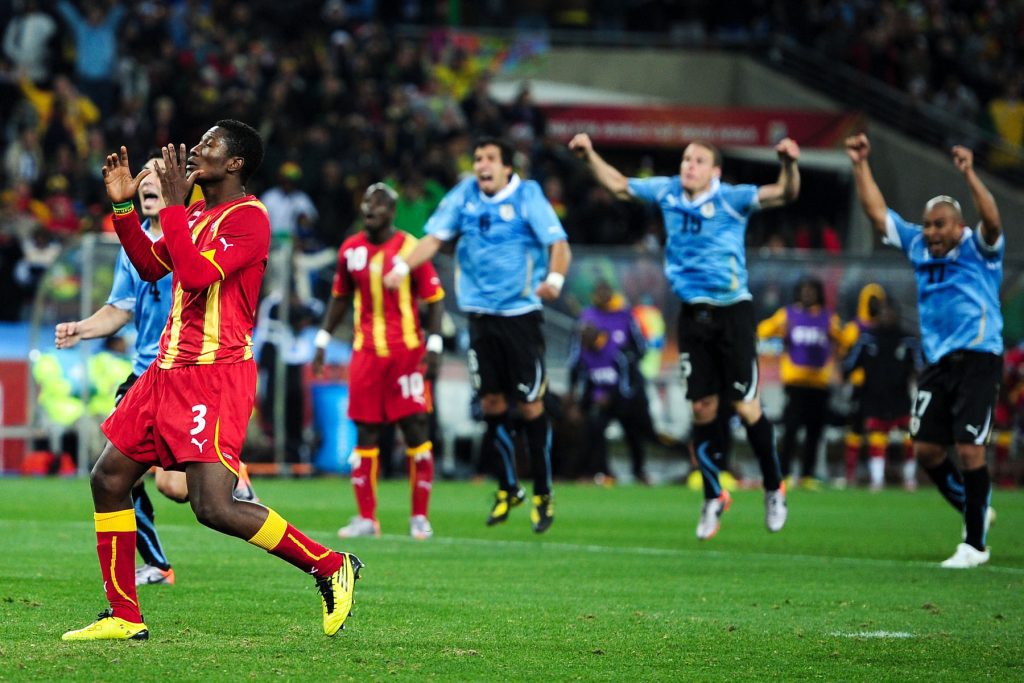 Former Ghana captain Asamoah Gyan's reaction after missing penalty against Uruguay in the 2010 FIFA World Cup quarterfinals in South Africa 