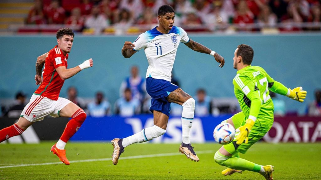 Marcus Rashford of Man United in action at the World Cup in Qatar for England 