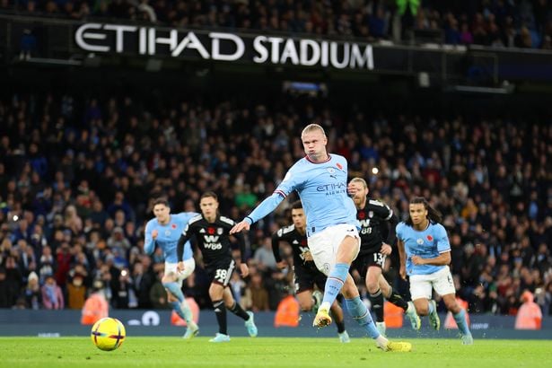 Erling Halaand kicking a penalty in a Premier League for Manchester City