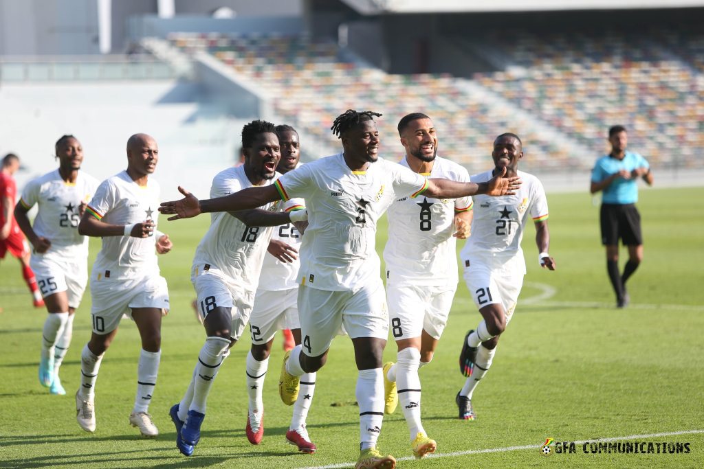 Ghana players celebrating a goal in a recent international friendly against Switzerland 