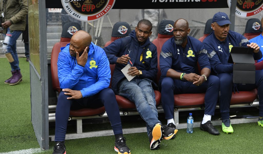  Manqoba Mngqithi with Steve Komphela and Rhulani Mokwena during the Carling Black Label Cup at FNB Stadium. 