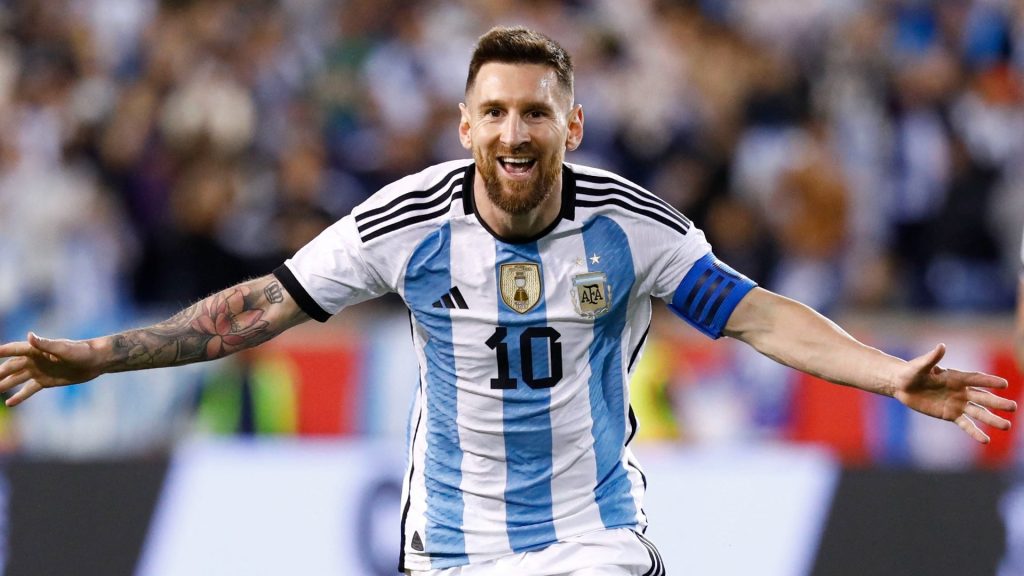 Messi celebrating a goal scored for his country Argentina 
