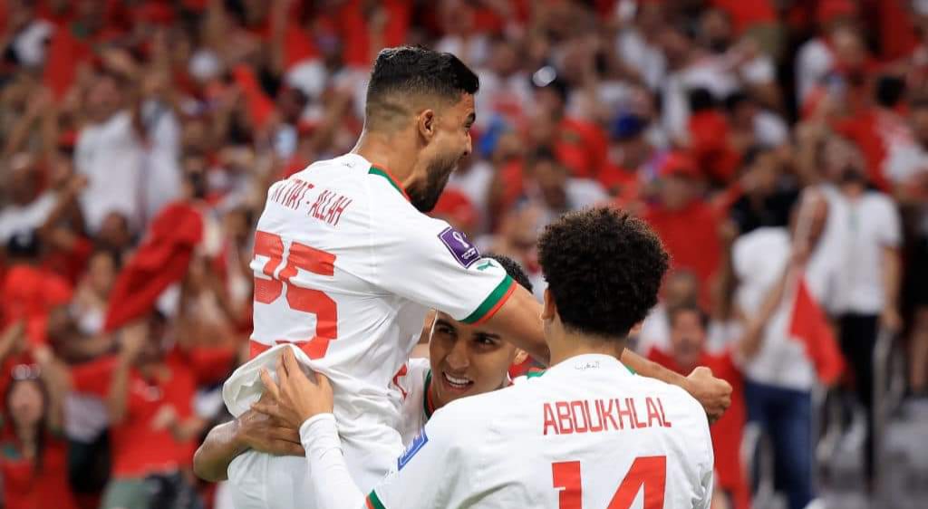 Morocco celebrating a goal at the 2020 Qatar FIFA World Cup 