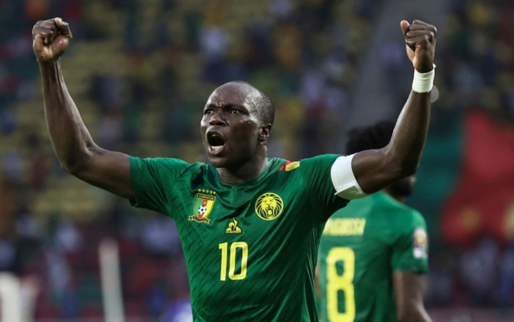Vincent Aboubakar celebrates after scoring a goal for Cameroon