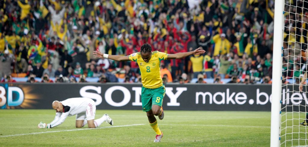 Siphiwe Tshabalala celebrates after scoring the opening game of the 2010 FIFA World Cup at the FNB Stadium 