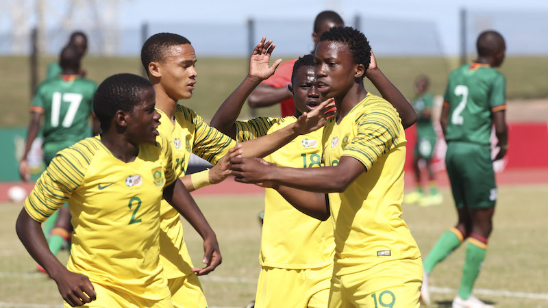 Thabang Mahlangu of South Africa (r) celebrates goal during the 2020 COSAFA U17 Championship final against Zambia in Port Elizabeth 