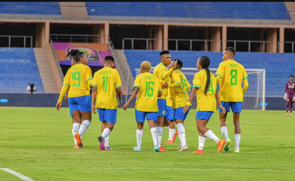 Sundowns Ladies players celebrating a goal in one of their CAF Champions League games most recently