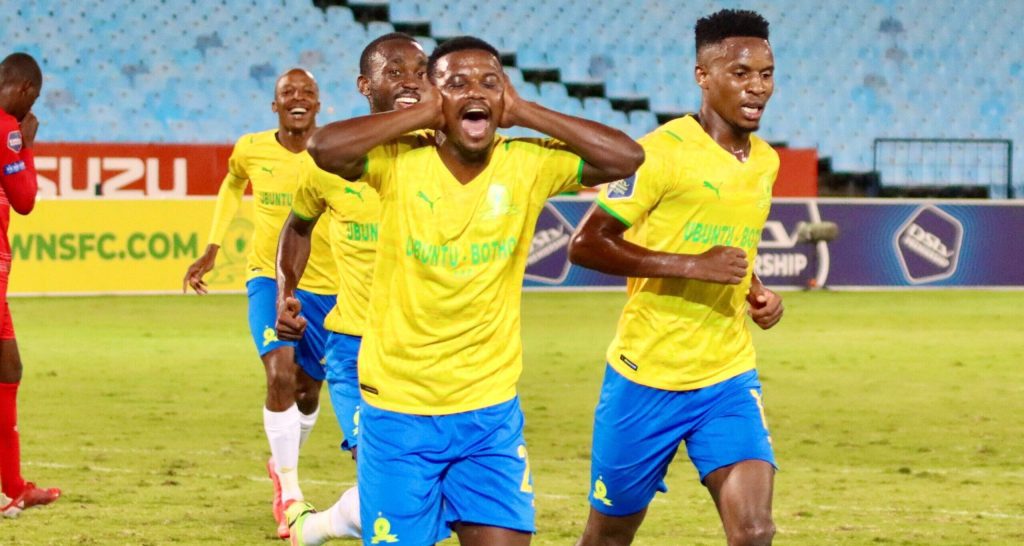 Teboho Mokoena celebrating a goal scored for Sundowns with his teammates