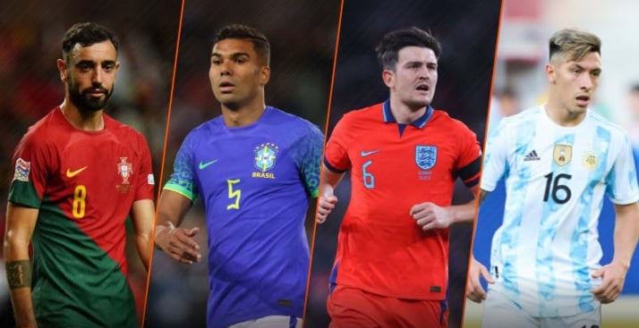 Bruno Fernandez, Casemiro, Harry Maguire and Lisandro Martinez representing their respective nations at the 2022 World Cup