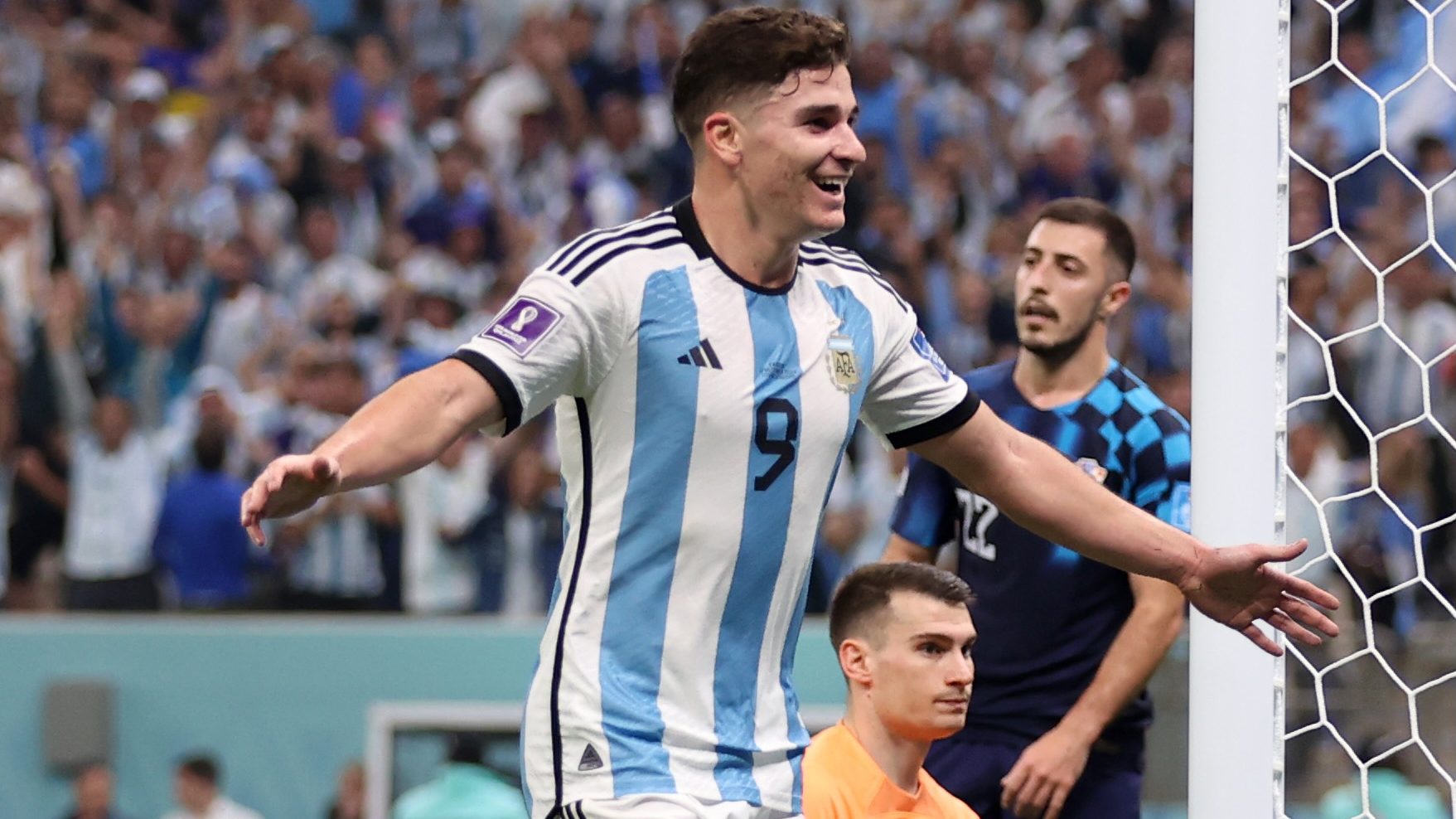 Julian Alvarez celebrating after scoring his brace against Croatia. 